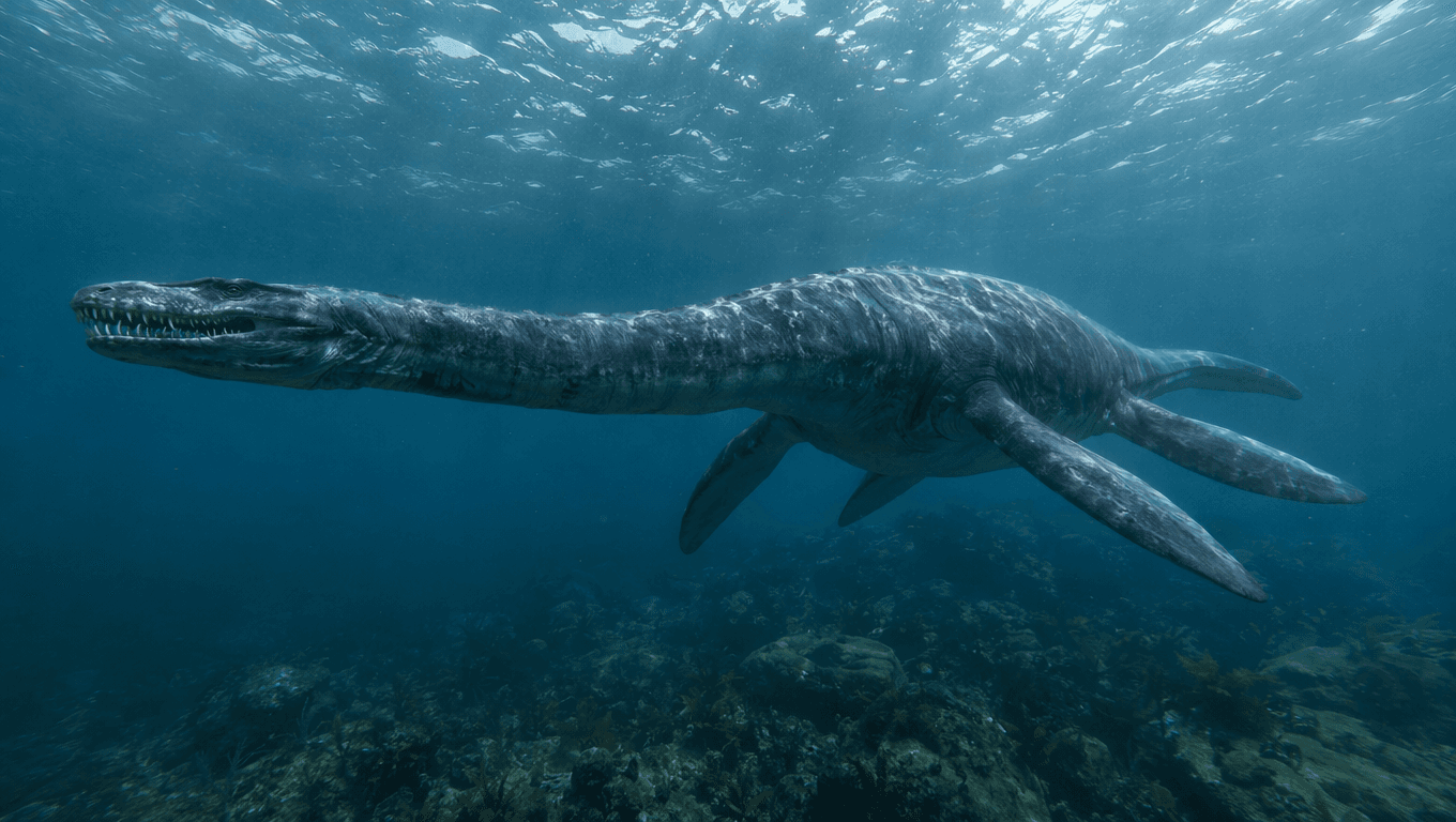 AI-generated Plesiosaurus image: Plesiosaurus in Natural Habitat. 203-66 Million Years Ago.