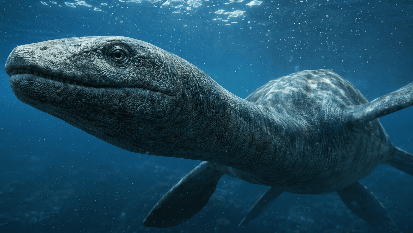 AI-generated Plesiosaurus image: Plesiosaurus Close-Up Portrait. Marine Reptiles. 203-66 Million Years Ago.