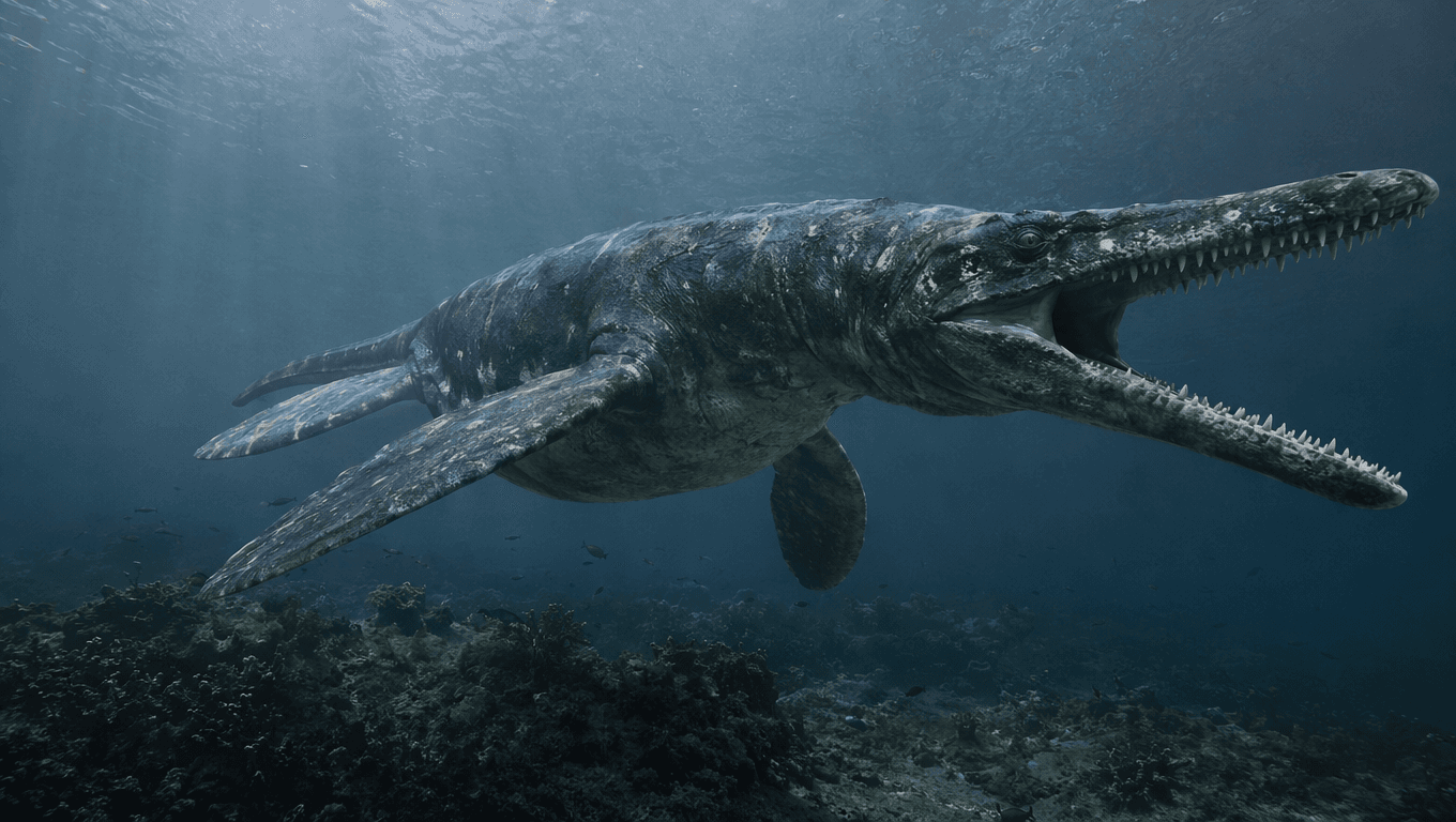 AI-generated Pliosaur image: Pliosaur reconstruction. Marine Reptiles. 200-89 Million Years Ago.