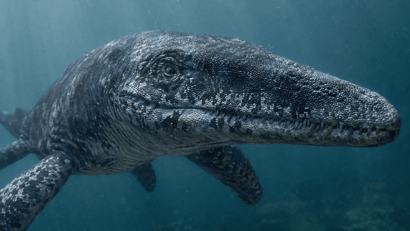 AI-generated Pliosaur image: Pliosaur Close-up Portrait. Marine Reptiles. 200-89 Million Years Ago.