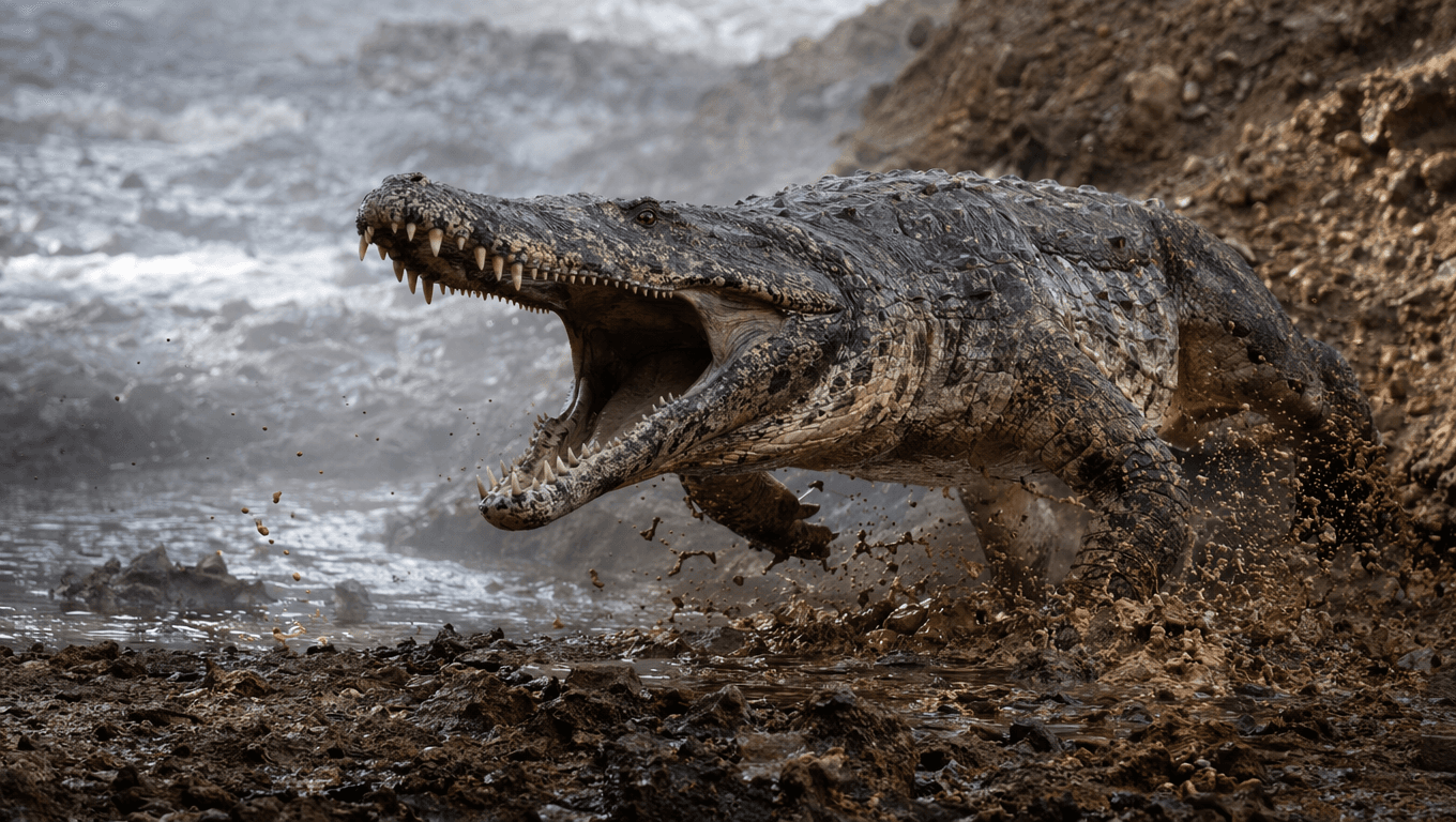 AI-generated Prionosuchus image: Prionosuchus Action Scene. Prehistoric Reptiles. 270 Million Years Ago.