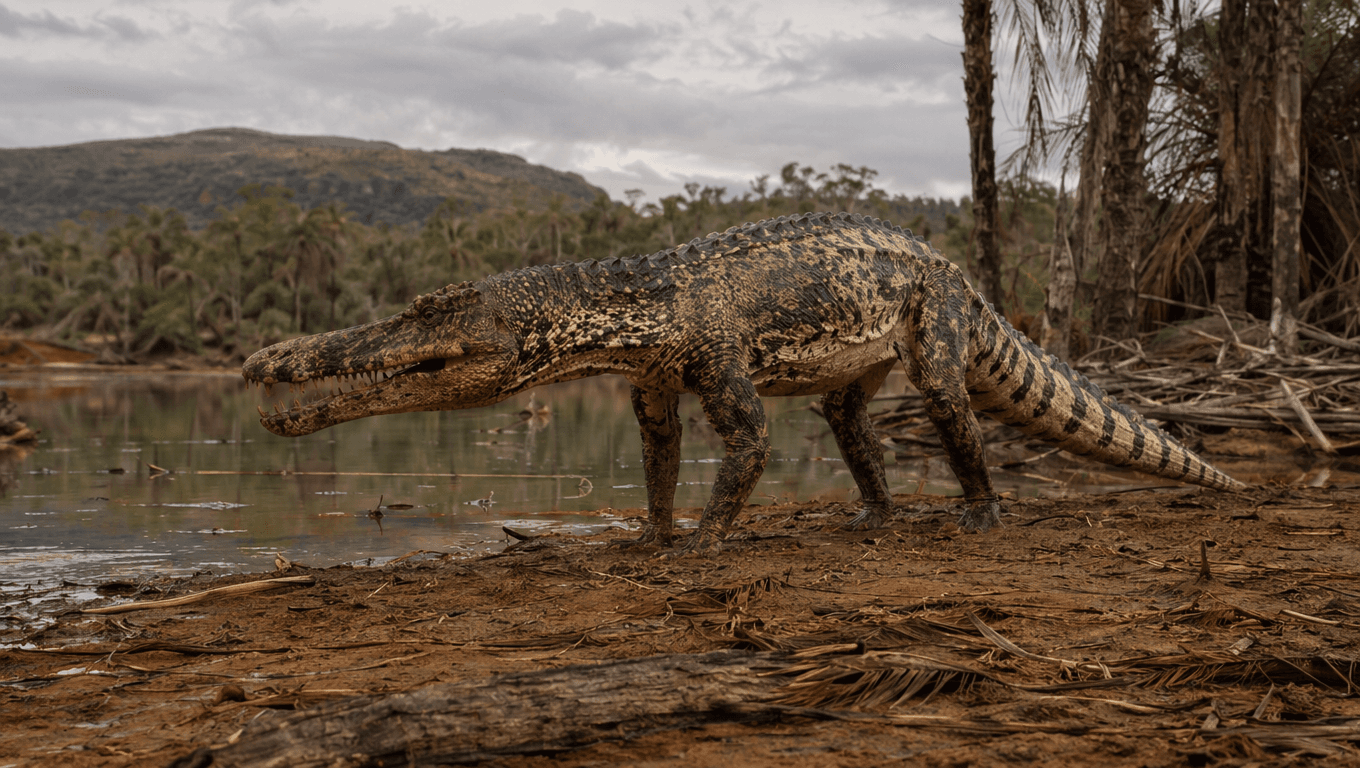 AI-generated Prionosuchus image: Prionosuchus reconstruction. Prehistoric Reptiles. 270 Million Years Ago.