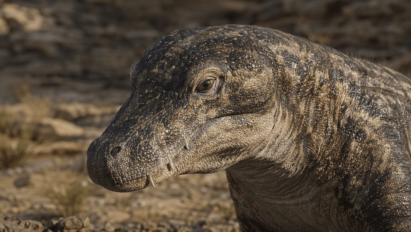 AI-generated Prionosuchus image: Prionosuchus Close-up Portrait. Prehistoric Reptiles. 270 Million Years Ago.