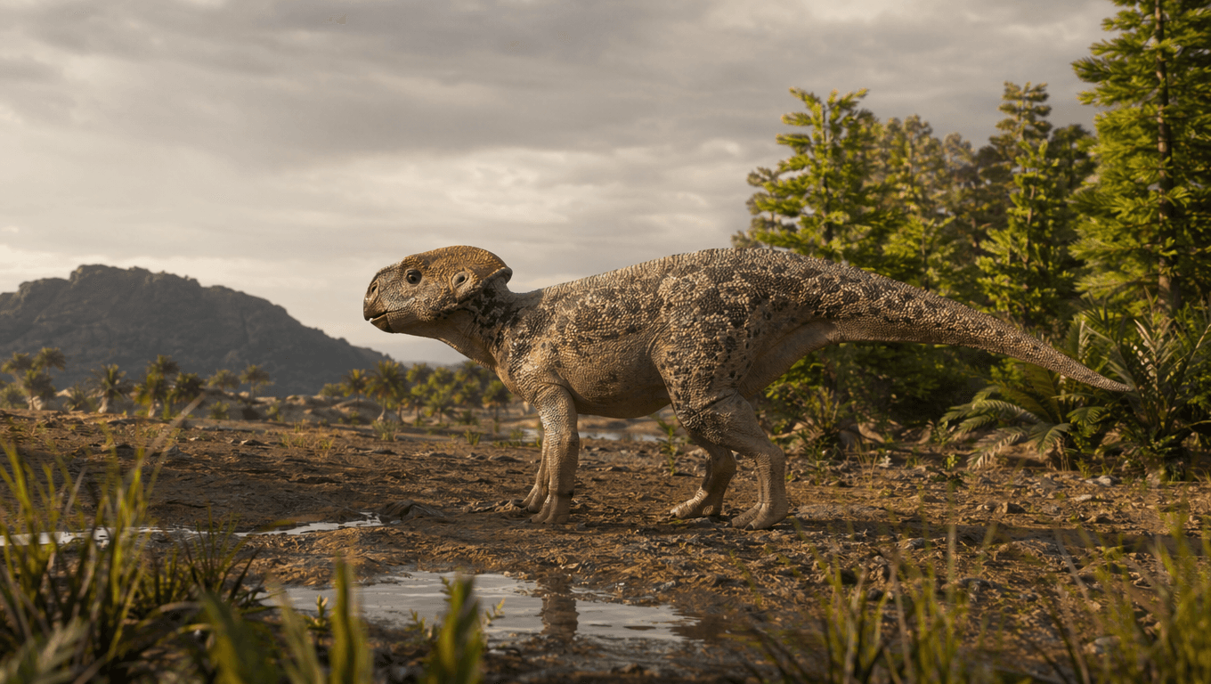 AI-generated Psittacosaurus image: Psittacosaurus in Prehistoric Habitat. 126-101 Million Years Ago.