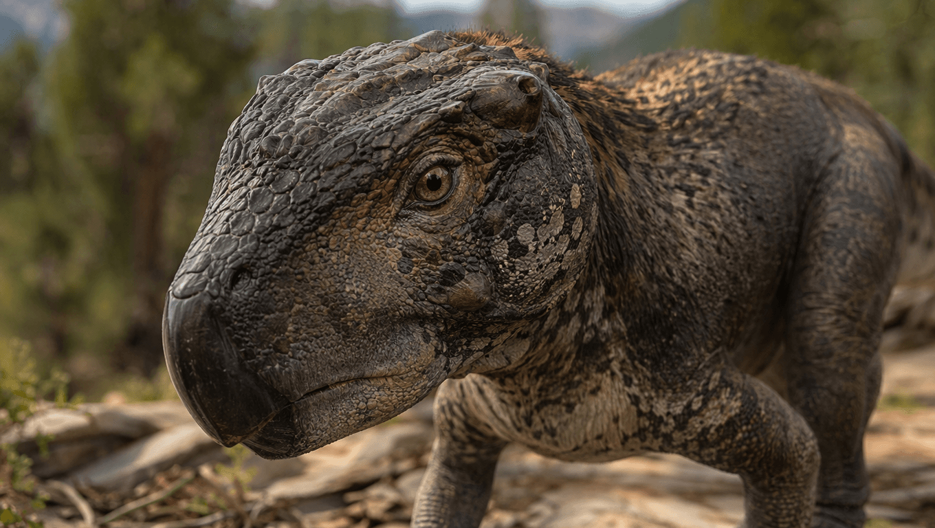 AI-generated Psittacosaurus image: Psittacosaurus Close-up Portrait. Dinosaurs. 126-101 Million Years Ago.