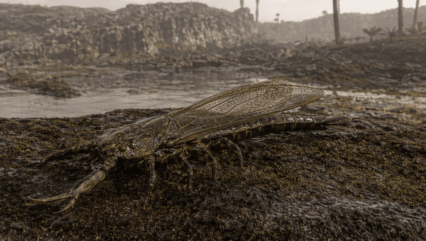 AI-generated Pulmonoscorpius image: Pulmonoscorpius in Prehistoric Habitat. 336-326 Million Years Ago.