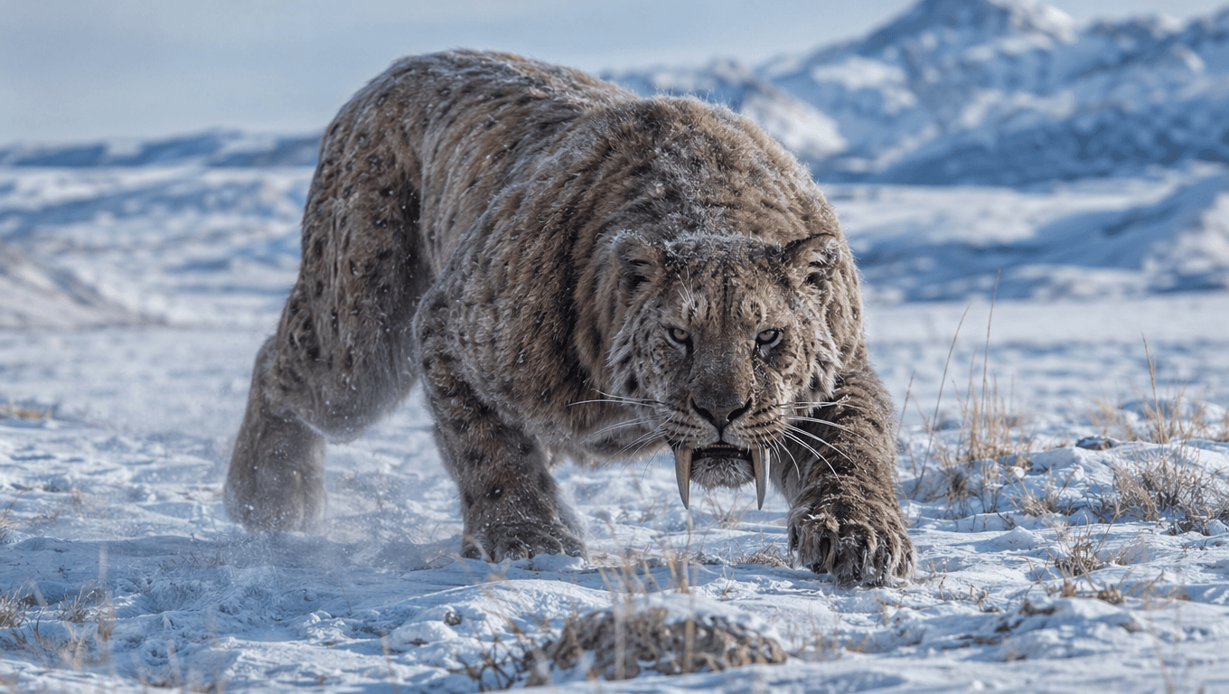 AI-generated Saber-Toothed Tiger image: Saber-Tooth Hunting Stance. Ice Age Mammals. 2.5 Million-10,000 Years Ago.