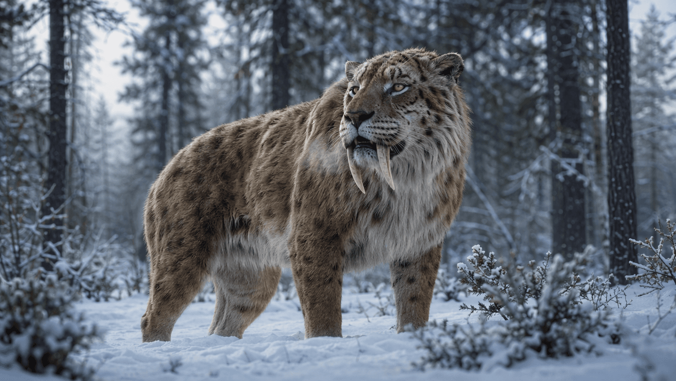 AI-generated Saber-Toothed Tiger image: Saber-Tooth in Ice Age Forest. 2.5 Million-10,000 Years Ago.