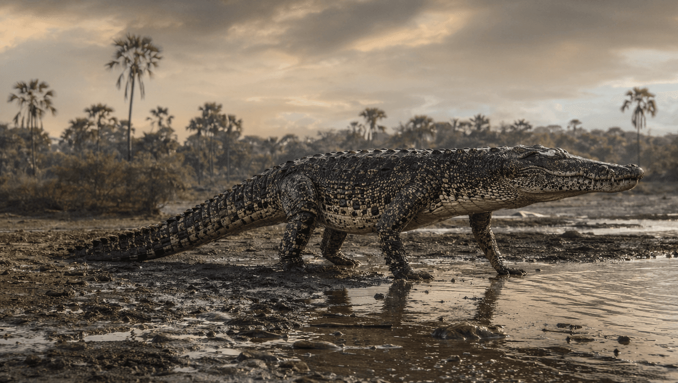 AI-generated Sarcosuchus image: Sarcosuchus reconstruction. Prehistoric Reptiles. 112 Million Years Ago.