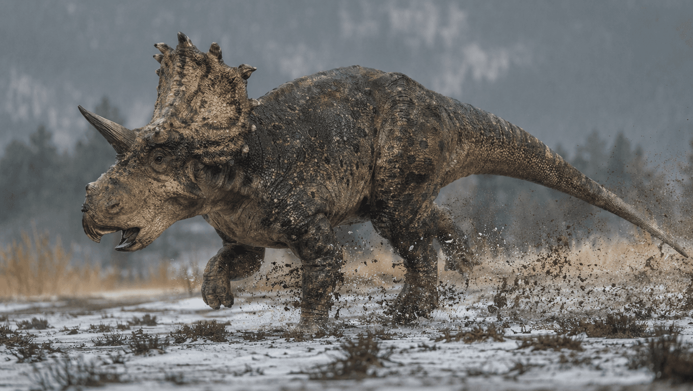 AI-generated Sinoceratops image: Sinoceratops Action Scene. Dinosaurs. 73-66 Million Years Ago.