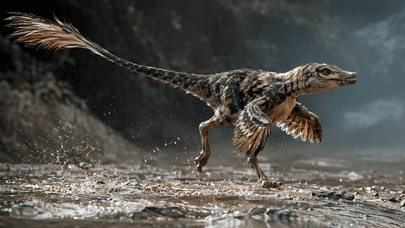 AI-generated Sinosauropteryx image: Sinosauropteryx Action Scene. Dinosaurs. 124 Million Years Ago.