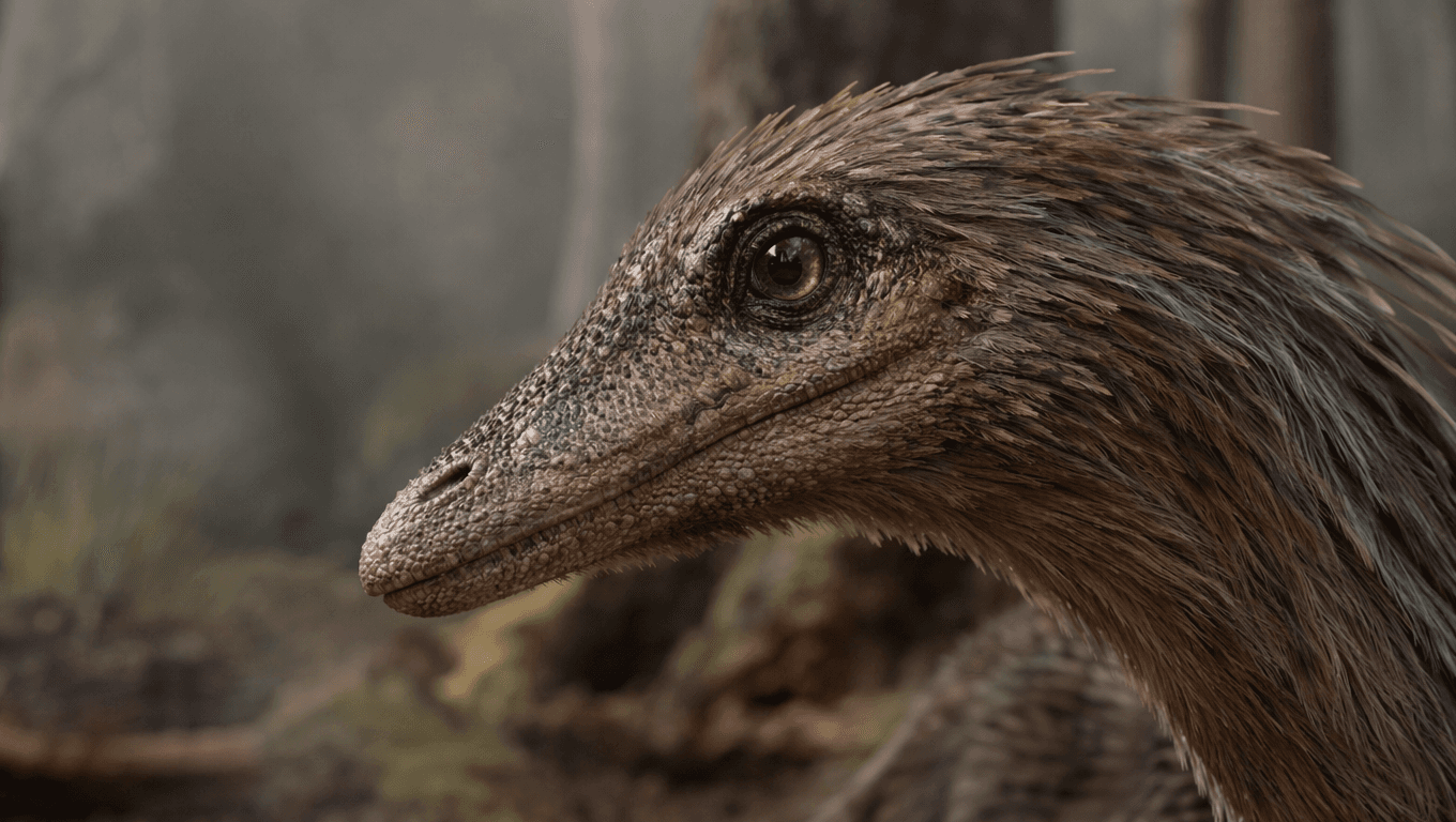 AI-generated Sinosauropteryx image: Sinosauropteryx Close-up Portrait. Dinosaurs. 124 Million Years Ago.
