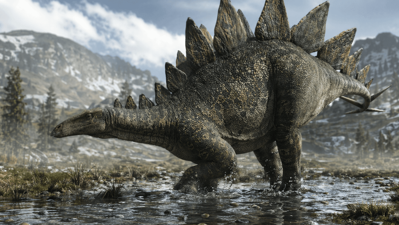 AI-generated Stegosaurus image: Stegosaurus in Action. Dinosaurs. 155-150 Million Years Ago.