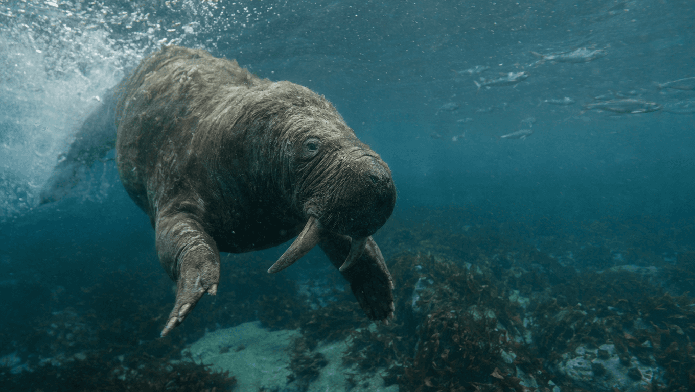 AI-generated Steller's Sea Cow image: Steller's Sea Cow Action Scene. Ice Age Mammals. Until 1768 AD.