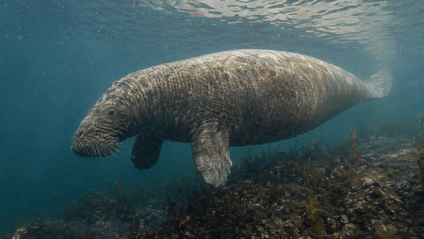 AI-generated Steller's Sea Cow image: Steller's Sea Cow reconstruction. Ice Age Mammals. Until 1768 AD.