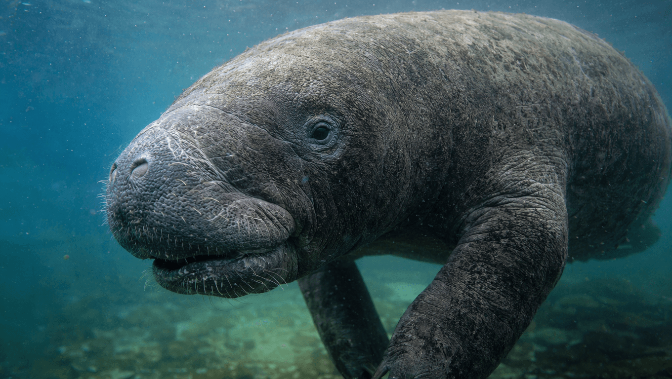 AI-generated Steller's Sea Cow image: Steller's Sea Cow Close-up Portrait. Ice Age Mammals. Until 1768 AD.
