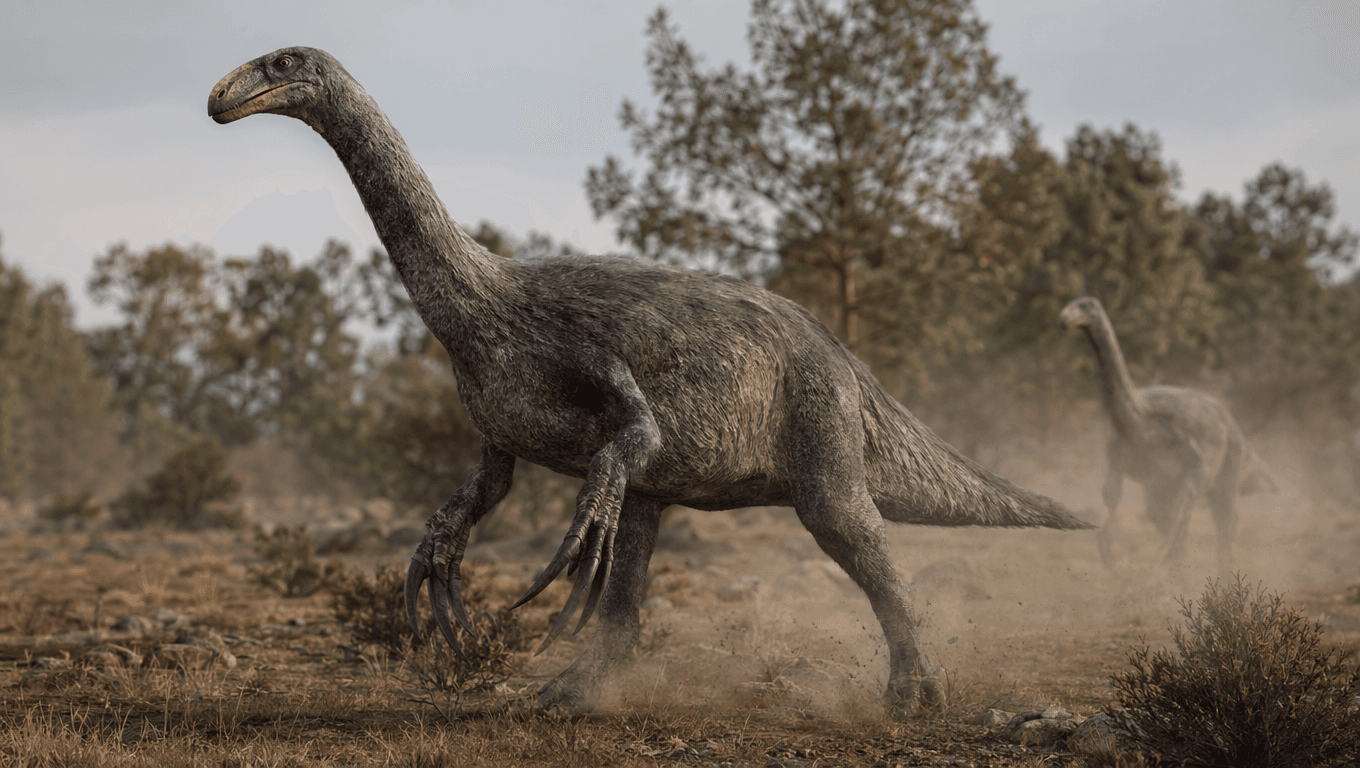 AI-generated Therizinosaurus image: Therizinosaurus in Action. Dinosaurs. 70 Million Years Ago.