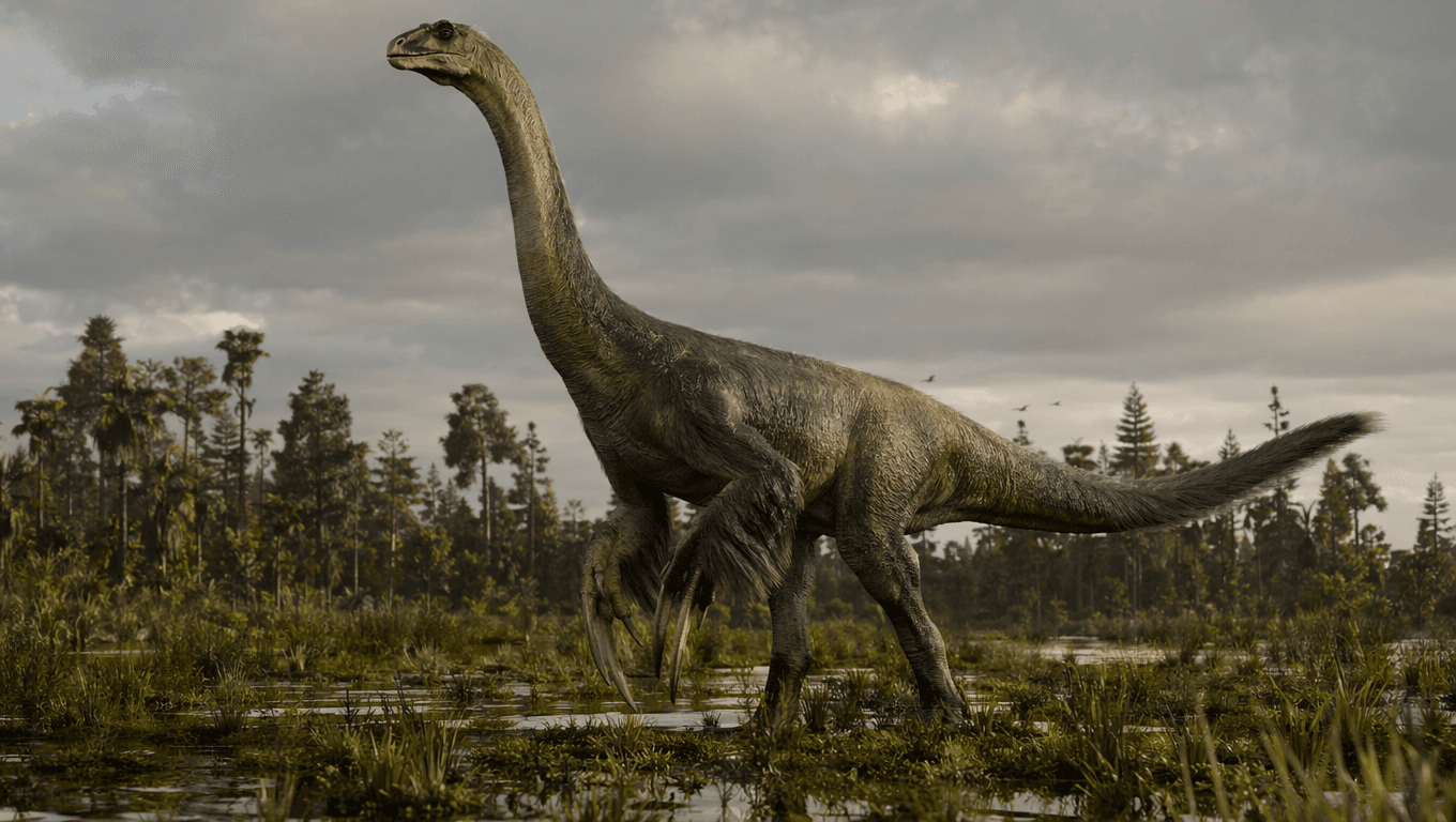 AI-generated Therizinosaurus image: Therizinosaurus in Natural Habitat. 70 Million Years Ago.