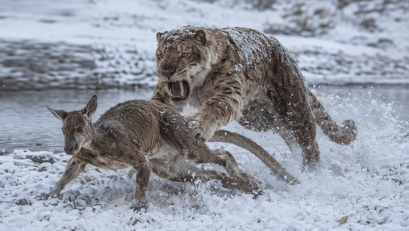 AI-generated Thylacoleo image: Thylacoleo Action Scene. Ice Age Mammals. 2 Million-46,000 Years Ago.