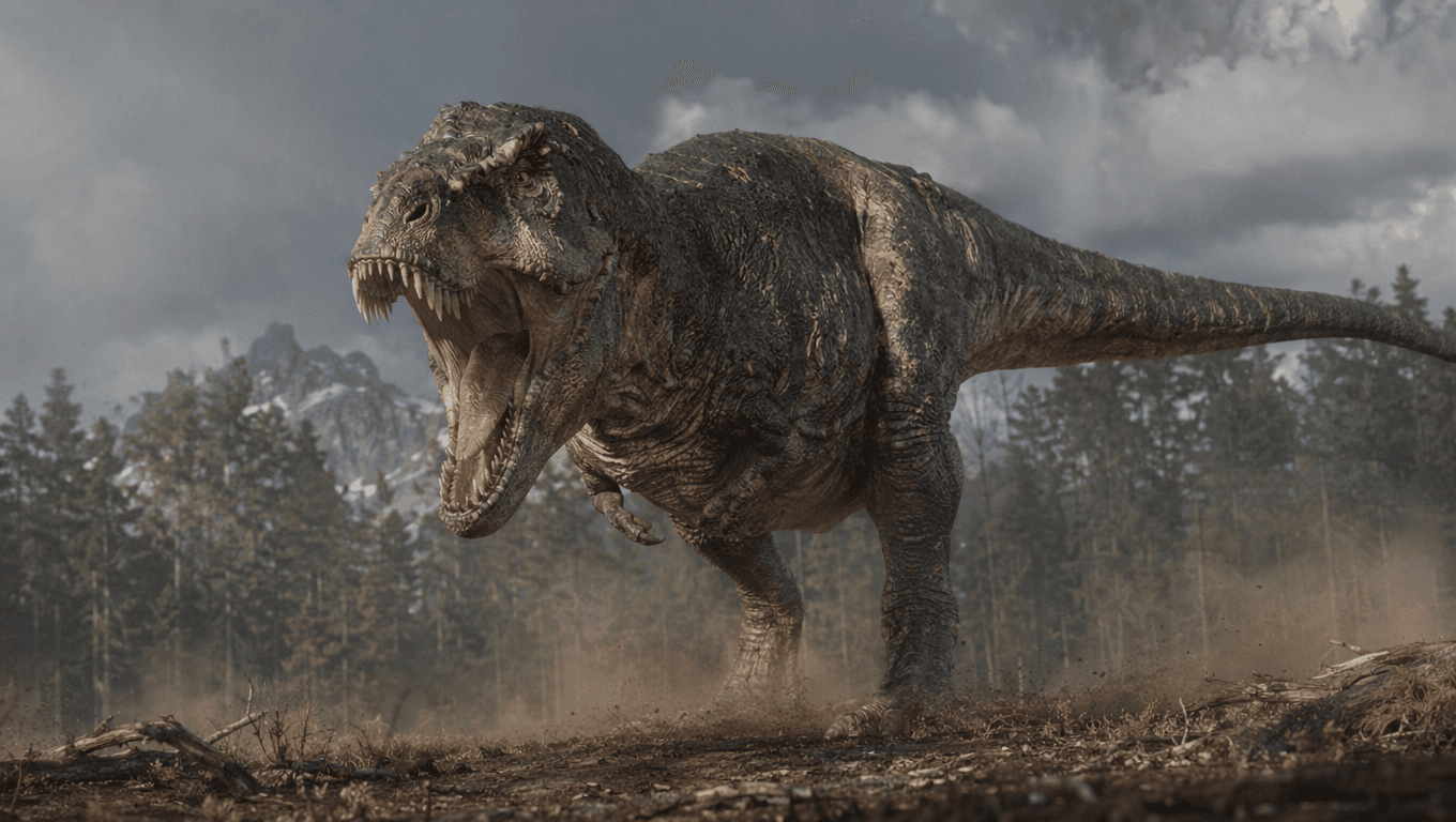 AI-generated Tyrannosaurus Rex image: T-Rex Hunting Roar. Dinosaurs. 68-66 Million Years Ago.