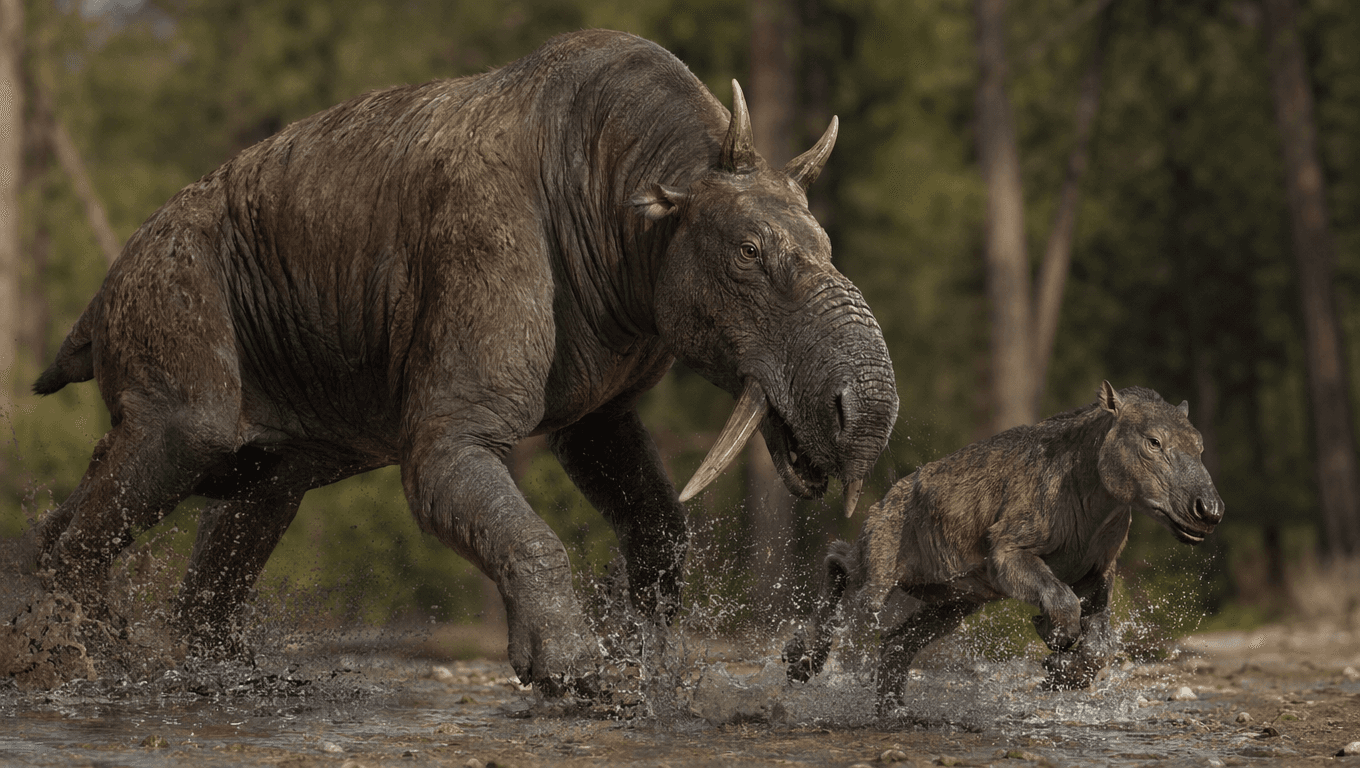AI-generated Uintatherium image: Uintatherium Action Scene. Ancient Mammals. 46-38 Million Years Ago.