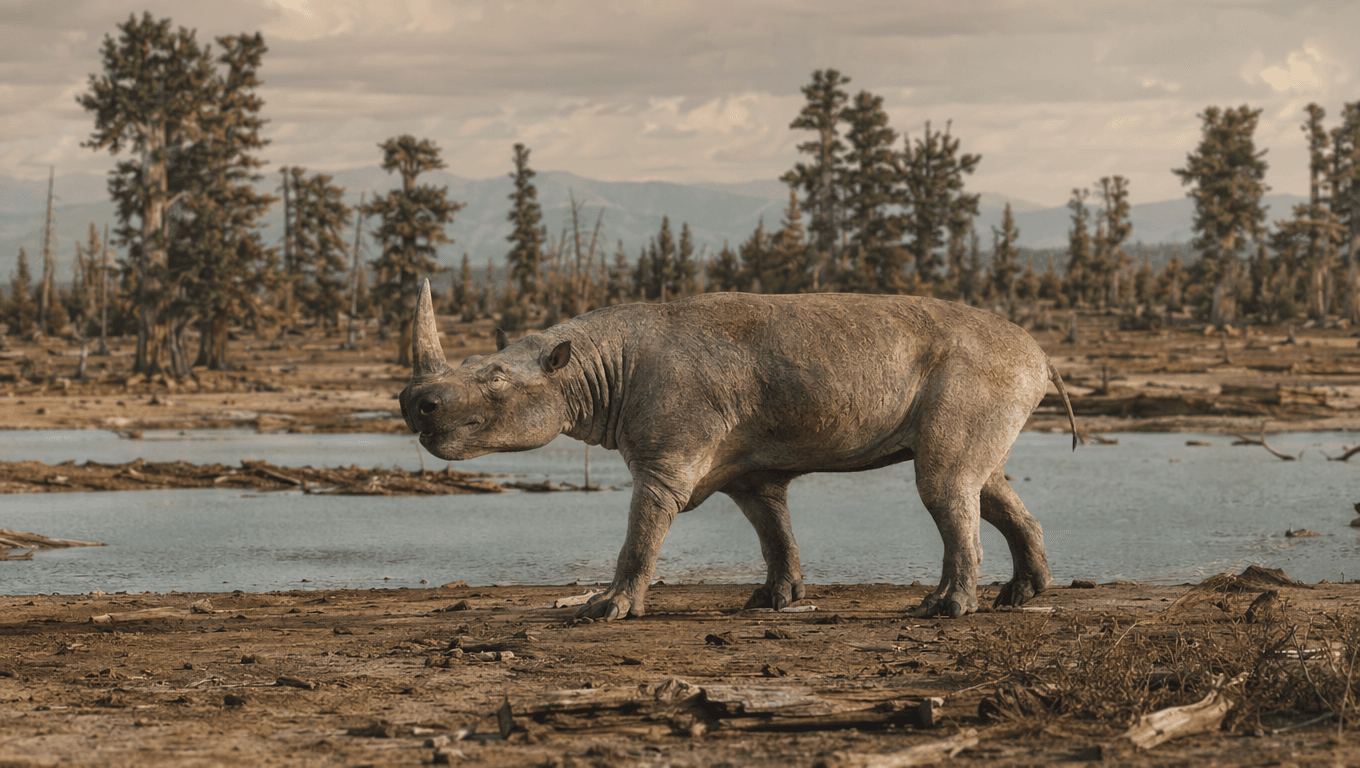 AI-generated Uintatherium image: Uintatherium reconstruction. Ancient Mammals. 46-38 Million Years Ago.