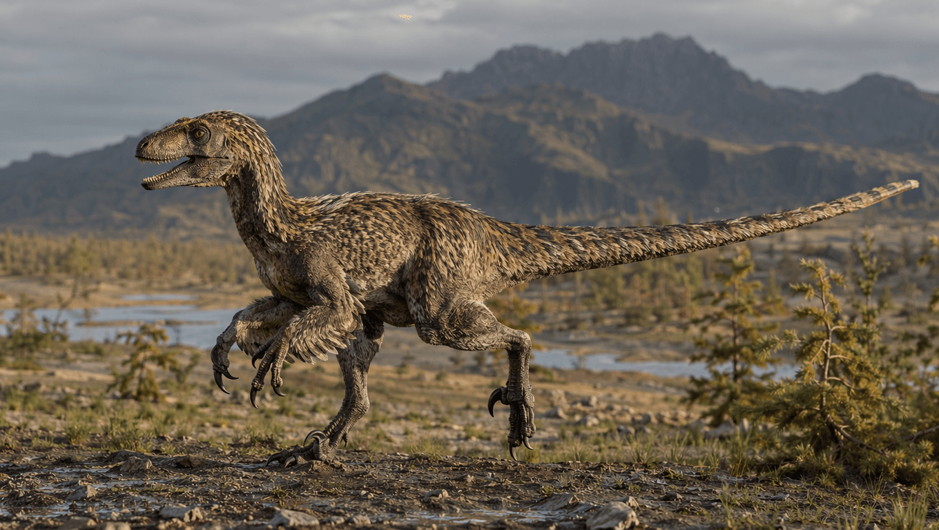 AI-generated Utahraptor image: Utahraptor in Prehistoric Habitat. 126 Million Years Ago.
