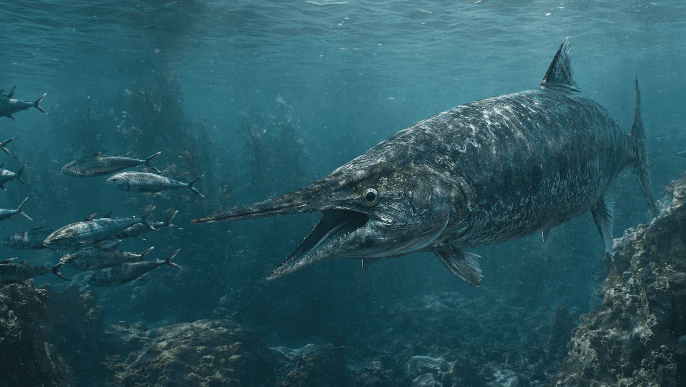 AI-generated Xiphactinus image: Xiphactinus Action Scene. Prehistoric Fish. 112-66 Million Years Ago.