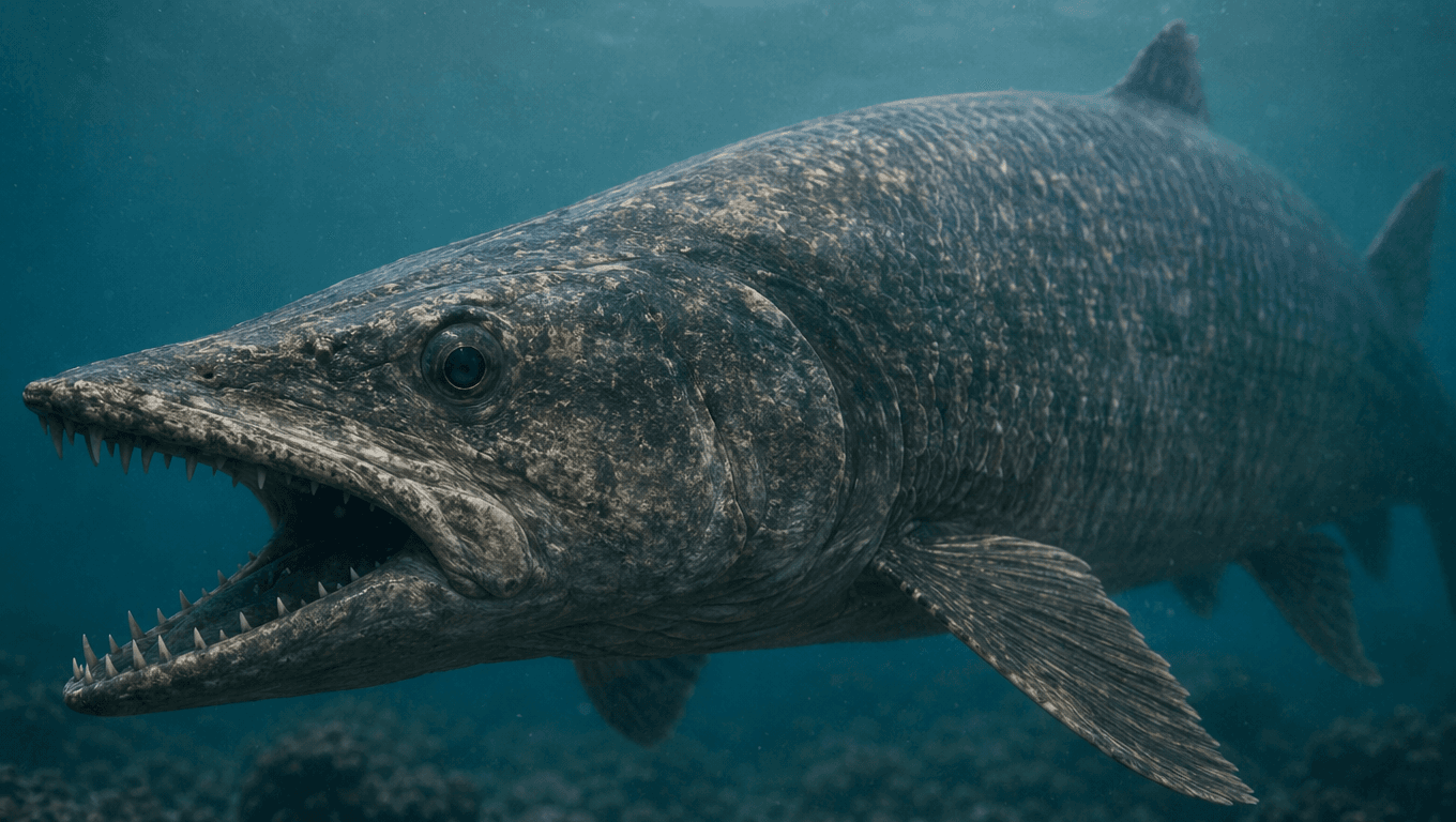 AI-generated Xiphactinus image: Xiphactinus Close-up Portrait. Prehistoric Fish. 112-66 Million Years Ago.